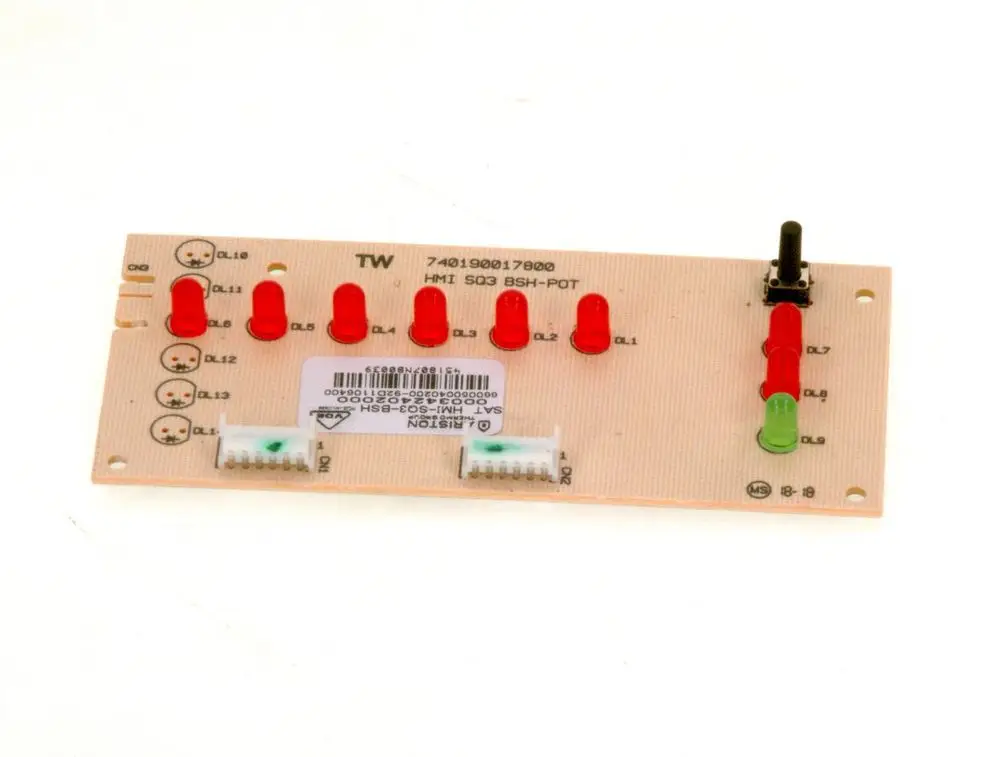 Steuerplatine von Bosch mit mehreren LED-Anzeigen und einem Potentiometer. Die Platine zeigt Anschlussstellen sowie Beschriftungen zur Identifikation der LEDs.